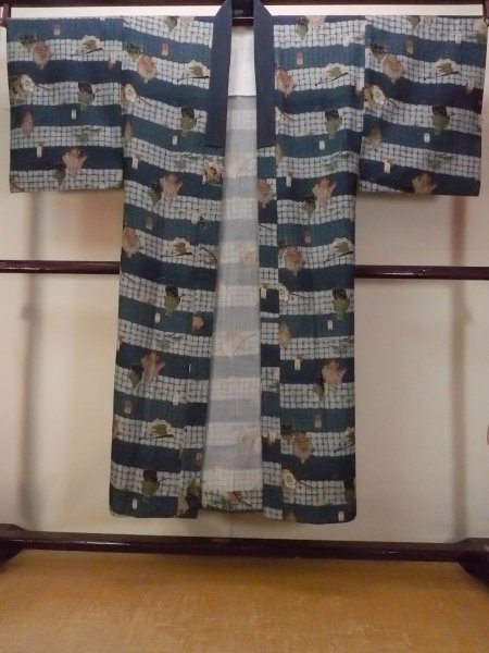 Photo1: O0124A Vintage Japanese kimono   Indigo Blue Men's Juban for men / Wool. Pine tree/branch/needle,   (Grade D) (1)