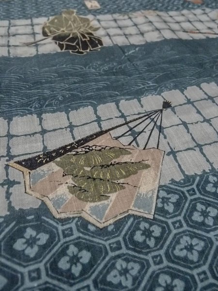 Photo8: O0124A Vintage Japanese kimono   Indigo Blue Men's Juban for men / Wool. Pine tree/branch/needle,   (Grade D) (8)