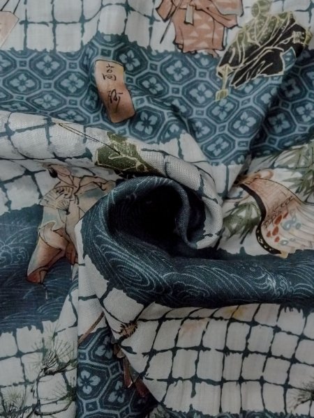 Photo11: O0124A Vintage Japanese kimono   Indigo Blue Men's Juban for men / Wool. Pine tree/branch/needle,   (Grade D) (11)