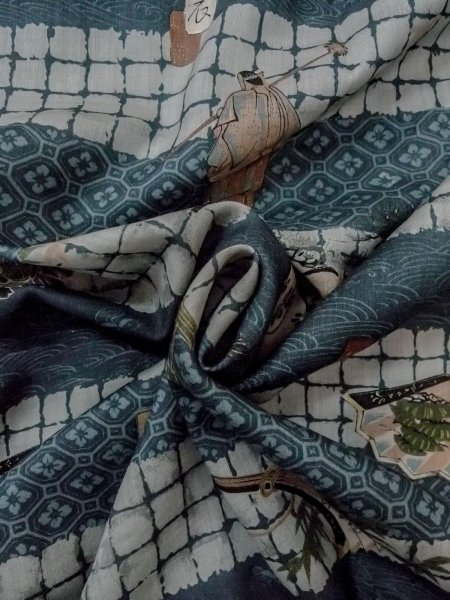 Photo12: O0124A Vintage Japanese kimono   Indigo Blue Men's Juban for men / Wool. Pine tree/branch/needle,   (Grade D) (12)