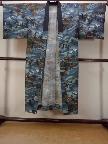 Photo1: O0124C Vintage Japanese kimono   Light Blue Men's Juban for men / Wool. Pine tree/branch/needle,   (Grade C) (1)