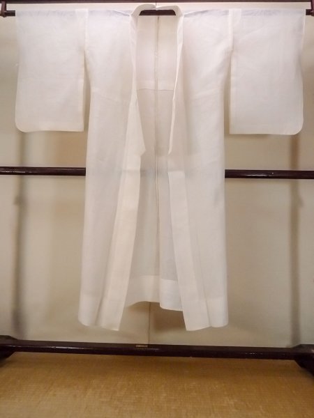 Photo1: O0124G Vintage Japanese kimono   Off White JUBAN undergarment for women / Linen. Leaf Pink pattern  (Grade C) (1)