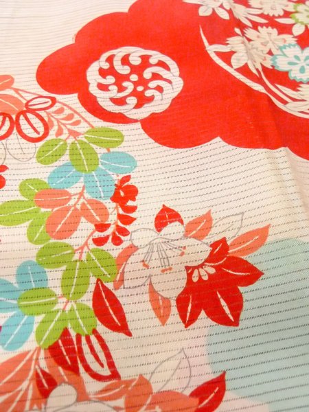 Photo8: O0124I Antique Japanese kimono   Ivory JUBAN undergarment for women / Silk. Flower circle, Unlined, pink pattern  (Grade D) (8)