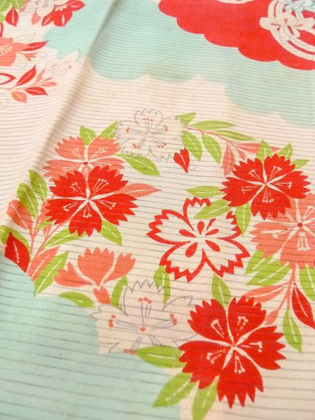 Photo10: O0124I Antique Japanese kimono   Ivory JUBAN undergarment for women / Silk. Flower circle, Unlined, pink pattern  (Grade D) (10)