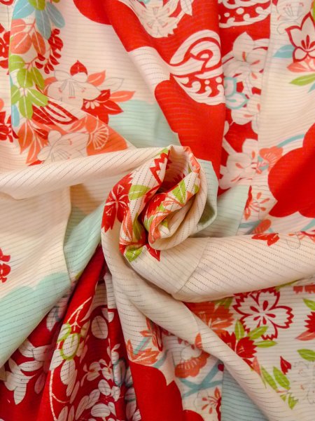 Photo12: O0124I Antique Japanese kimono   Ivory JUBAN undergarment for women / Silk. Flower circle, Unlined, pink pattern  (Grade D) (12)