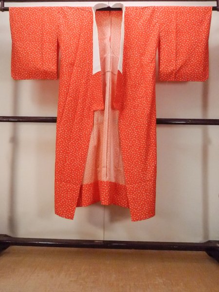Photo1: O0124N Vintage Japanese kimono  Vivid Orange JUBAN undergarment for women / Synthetic. Crane, Folded paper crane pattern  (Grade B) (1)