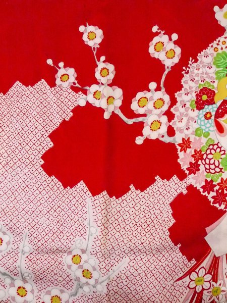 Photo3: O0124O Antique Japanese kimono   Red JUBAN undergarment for women / Silk. Peony,   (Grade C) (3)