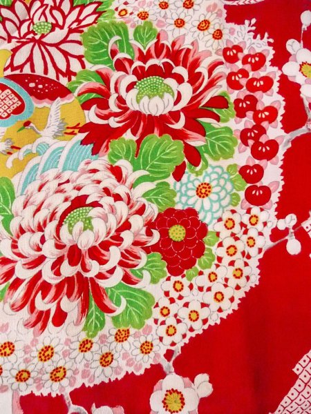 Photo7: O0124O Antique Japanese kimono   Red JUBAN undergarment for women / Silk. Peony,   (Grade C) (7)
