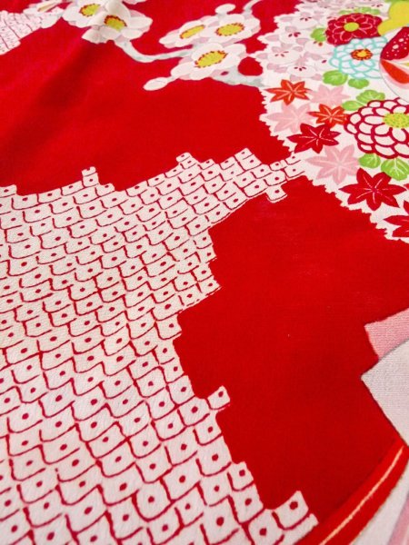 Photo8: O0124O Antique Japanese kimono   Red JUBAN undergarment for women / Silk. Peony,   (Grade C) (8)