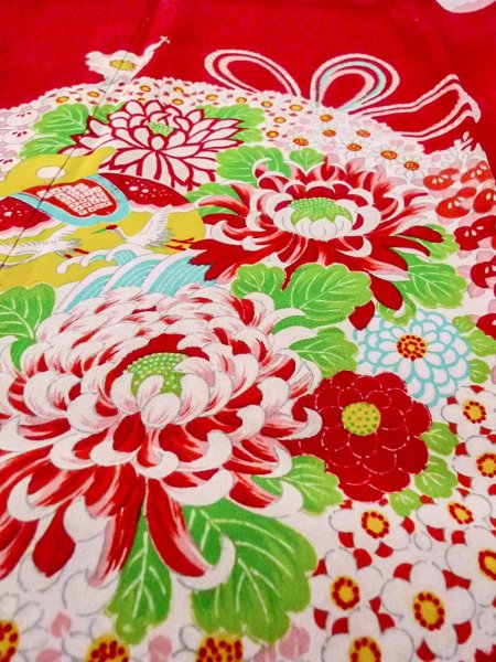 Photo10: O0124O Antique Japanese kimono   Red JUBAN undergarment for women / Silk. Peony,   (Grade C) (10)