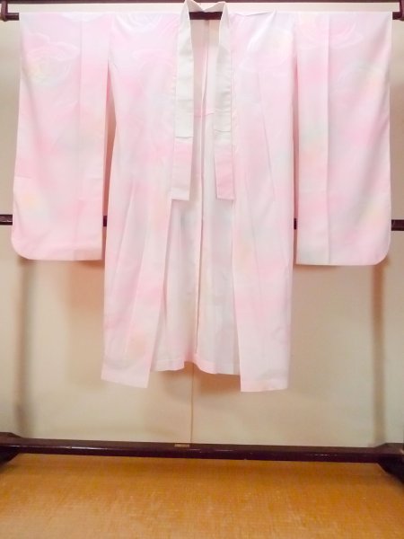 Photo1: O0124Y Vintage Japanese kimono  Pale Pink JUBAN undergarment for women / Silk. Crane,   (Grade B) (1)