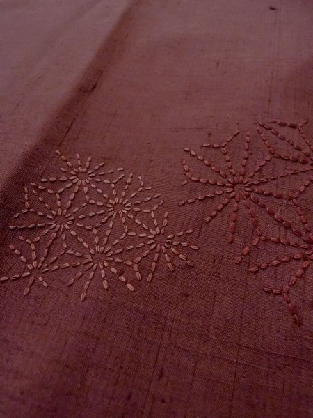 Photo8: O0131F Vintage Japanese kimono  Pale Dark Red DOCHUGI outer coat for women / Silk. Hemp leaf   (Grade B) (8)