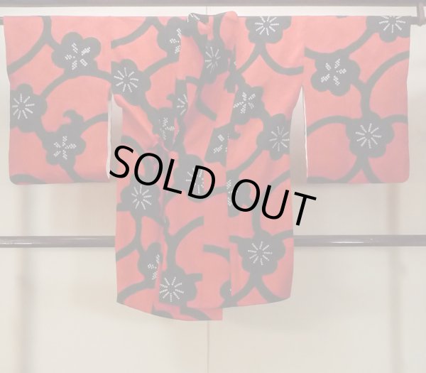 Photo1: O0131G Vintage Japanese kimono  Vivid Red DOCHUGI outer coat for women / Silk. Flower,   (Grade B) (1)