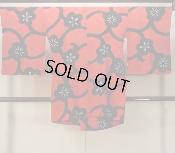 Photo2: O0131G Vintage Japanese kimono  Vivid Red DOCHUGI outer coat for women / Silk. Flower,   (Grade B) (2)