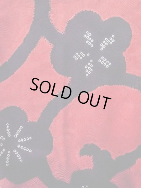 Photo3: O0131G Vintage Japanese kimono  Vivid Red DOCHUGI outer coat for women / Silk. Flower,   (Grade B) (3)