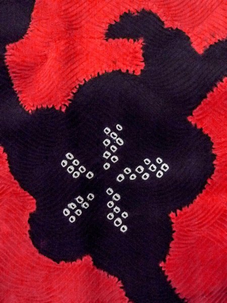 Photo5: O0131G Vintage Japanese kimono  Vivid Red DOCHUGI outer coat for women / Silk. Flower,   (Grade B) (5)