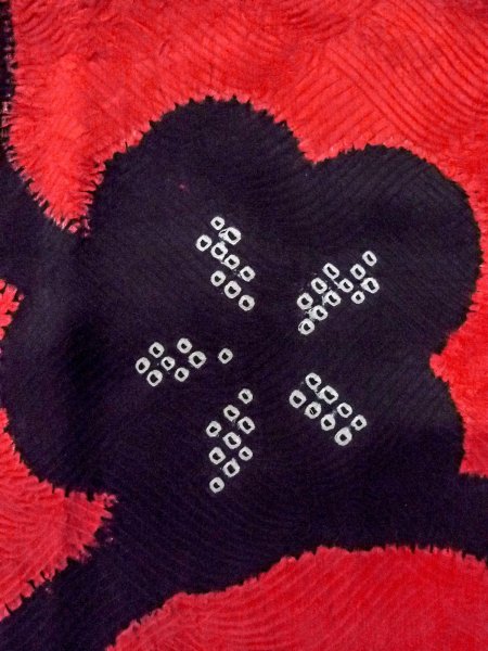 Photo6: O0131G Vintage Japanese kimono  Vivid Red DOCHUGI outer coat for women / Silk. Flower,   (Grade B) (6)