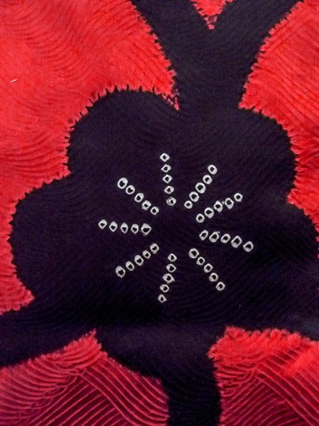 Photo7: O0131G Vintage Japanese kimono  Vivid Red DOCHUGI outer coat for women / Silk. Flower,   (Grade B) (7)