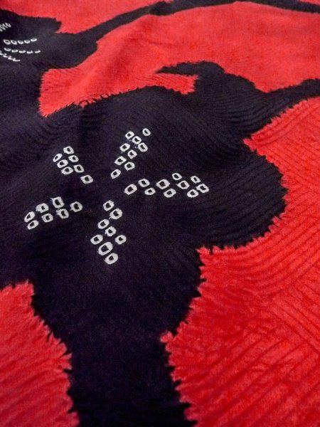 Photo8: O0131G Vintage Japanese kimono  Vivid Red DOCHUGI outer coat for women / Silk. Flower,   (Grade B) (8)