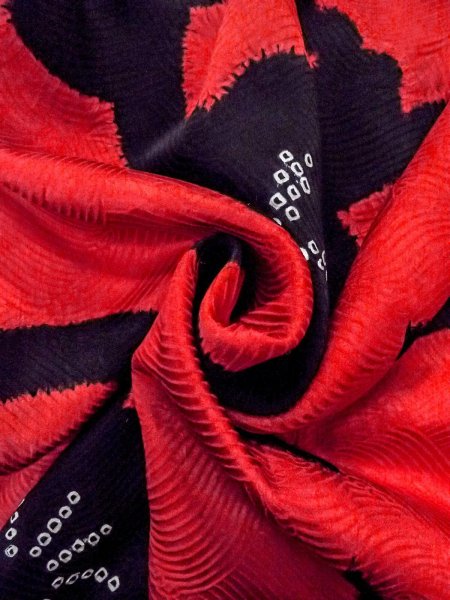 Photo12: O0131G Vintage Japanese kimono  Vivid Red DOCHUGI outer coat for women / Silk. Flower,   (Grade B) (12)