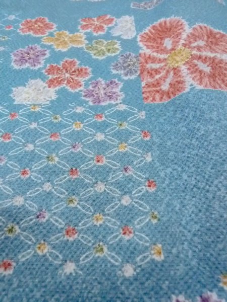 Photo9: Mint O0131I Vintage Japanese kimono   Light Blue MICHIYUKI outer coat for women / Silk. Flower,   (Grade A) (9)