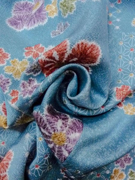 Photo12: Mint O0131I Vintage Japanese kimono   Light Blue MICHIYUKI outer coat for women / Silk. Flower,   (Grade A) (12)