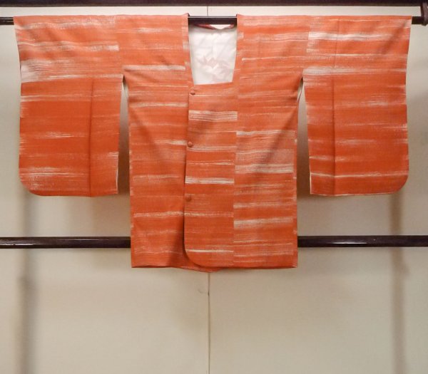 Photo1: O0131J Vintage Japanese kimono   Orange MICHIYUKI outer coat for women / Silk. Stripes   (Grade B) (1)