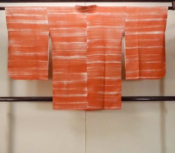 Photo2: O0131J Vintage Japanese kimono   Orange MICHIYUKI outer coat for women / Silk. Stripes   (Grade B) (2)