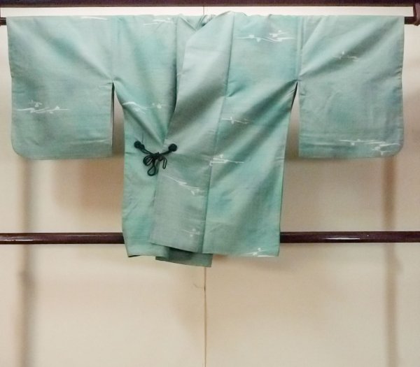 Photo1: O0131K Vintage Japanese kimono  Grayish Light Blue DOCHUGI outer coat for women / Silk. Abstract pattern   (Grade B) (1)