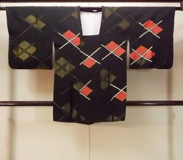 Photo1: Mint O0131N Vintage Japanese kimono   Black MICHIYUKI outer coat for women / Silk. Lozenges,   (Grade A) (1)