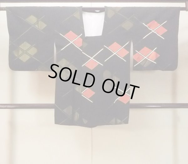 Photo1: Mint O0131N Vintage Japanese kimono   Black MICHIYUKI outer coat for women / Silk. Lozenges,   (Grade A) (1)