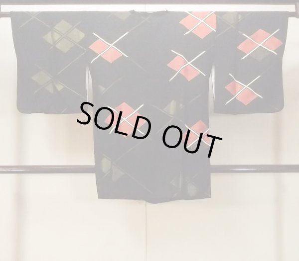 Photo2: Mint O0131N Vintage Japanese kimono   Black MICHIYUKI outer coat for women / Silk. Lozenges,   (Grade A) (2)