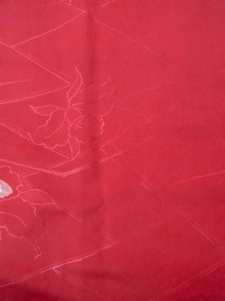 Photo4: O0131T Vintage Japanese kimono  Shiny Red MICHIYUKI outer coat for women / Silk. Flower,   (Grade B) (4)