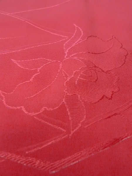 Photo9: O0131T Vintage Japanese kimono  Shiny Red MICHIYUKI outer coat for women / Silk. Flower,   (Grade B) (9)