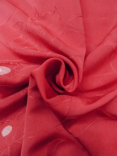 Photo12: O0131T Vintage Japanese kimono  Shiny Red MICHIYUKI outer coat for women / Silk. Flower,   (Grade B) (12)