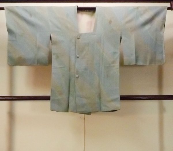 Photo1: O0131W Vintage Japanese kimono Pale Grayish Teal MICHIYUKI outer coat for women / Silk. Leaf,   (Grade B) (1)
