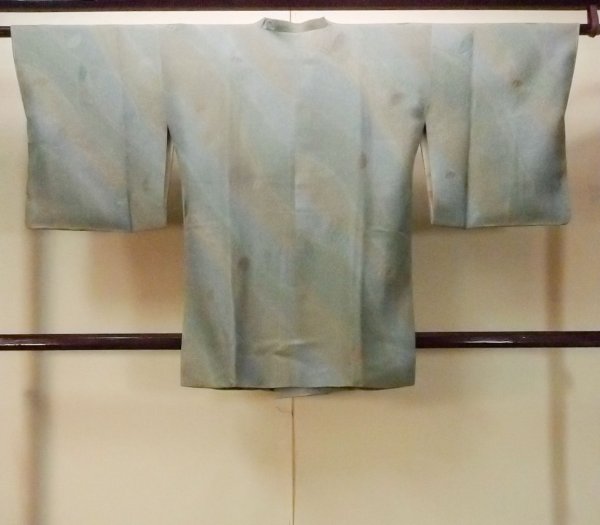 Photo2: O0131W Vintage Japanese kimono Pale Grayish Teal MICHIYUKI outer coat for women / Silk. Leaf,   (Grade B) (2)