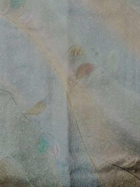 Photo4: O0131W Vintage Japanese kimono Pale Grayish Teal MICHIYUKI outer coat for women / Silk. Leaf,   (Grade B) (4)