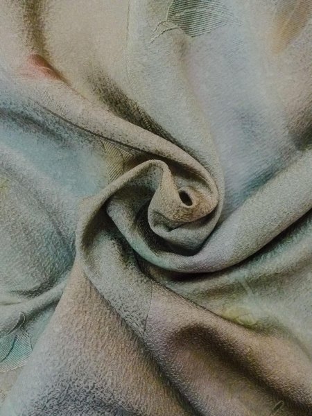 Photo11: O0131W Vintage Japanese kimono Pale Grayish Teal MICHIYUKI outer coat for women / Silk. Leaf,   (Grade B) (11)