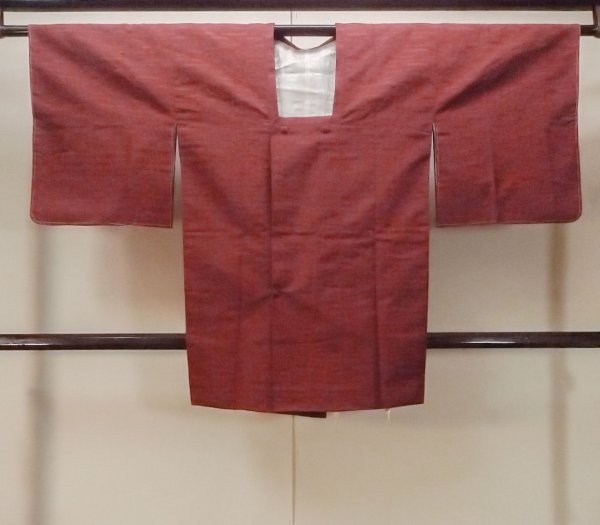 Photo1: O0131Z Vintage Japanese kimono  Dark Red MICHIYUKI outer coat for women / Silk. Stripes   (Grade B) (1)