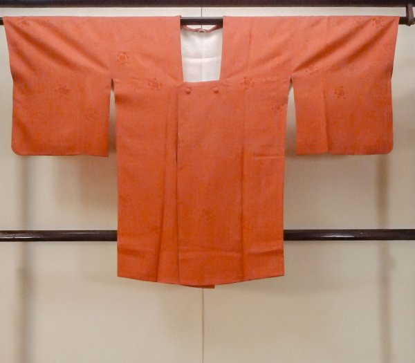 Photo1: O0201B Vintage Japanese kimono  Shiny Orange MICHIYUKI outer coat for women / Silk. Chinese flower,   (Grade B) (1)