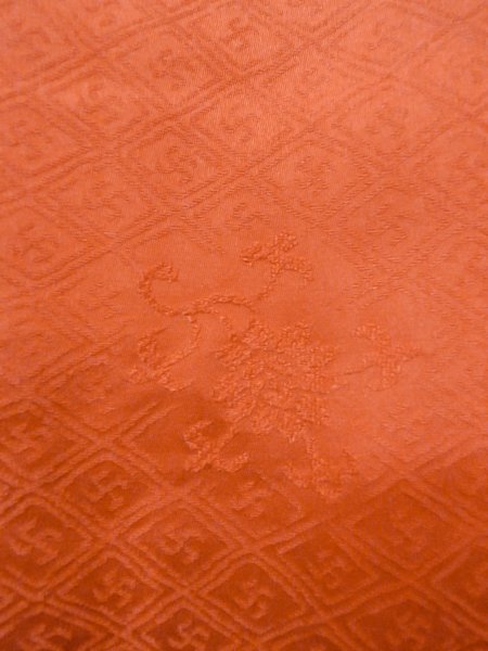 Photo6: O0201B Vintage Japanese kimono  Shiny Orange MICHIYUKI outer coat for women / Silk. Chinese flower,   (Grade B) (6)