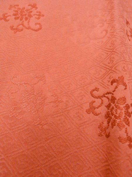 Photo9: O0201B Vintage Japanese kimono  Shiny Orange MICHIYUKI outer coat for women / Silk. Chinese flower,   (Grade B) (9)