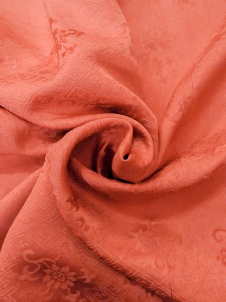 Photo11: O0201B Vintage Japanese kimono  Shiny Orange MICHIYUKI outer coat for women / Silk. Chinese flower,   (Grade B) (11)