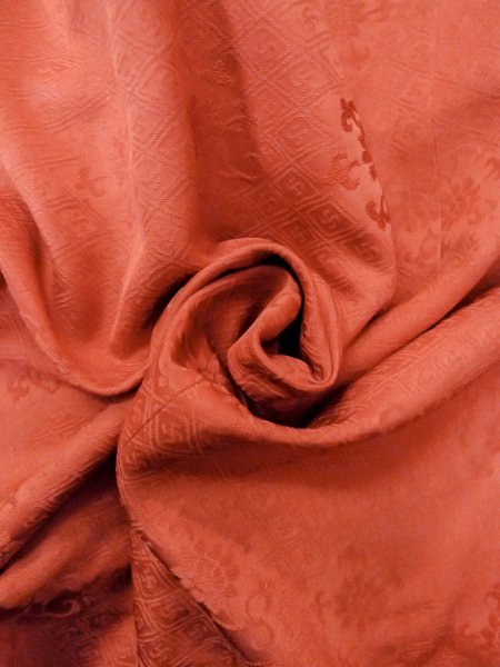 Photo12: O0201B Vintage Japanese kimono  Shiny Orange MICHIYUKI outer coat for women / Silk. Chinese flower,   (Grade B) (12)