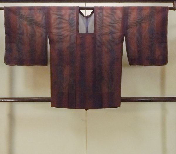 Photo1: Mint O0201F Vintage Japanese kimono  Dark Dark Red MICHIYUKI outer coat for women / Silk. Stripes,   (Grade A) (1)