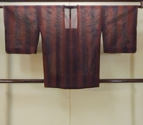 Photo2: Mint O0201F Vintage Japanese kimono  Dark Dark Red MICHIYUKI outer coat for women / Silk. Stripes,   (Grade A) (2)