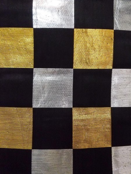 Photo2: O0207A Vintage Japanese Kimono   Black HANHABA OBI half width sash Plaid Checks Silk. (Grade C) (2)