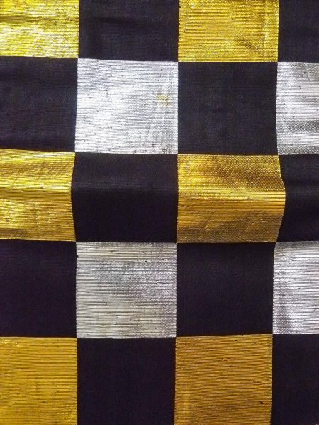 Photo3: O0207A Vintage Japanese Kimono   Black HANHABA OBI half width sash Plaid Checks Silk. (Grade C) (3)