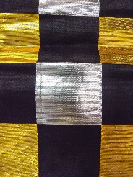 Photo4: O0207A Vintage Japanese Kimono   Black HANHABA OBI half width sash Plaid Checks Silk. (Grade C) (4)